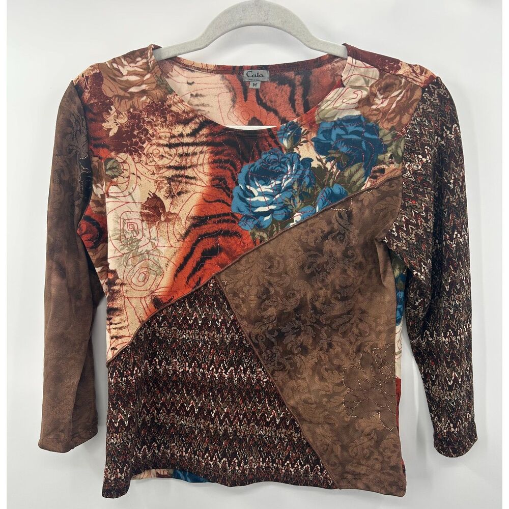 Vintage Y2K Hippie Abstract Shirt M Made in USA Stretch 3/4 Sleeve Embellished - Picture 1 of 5